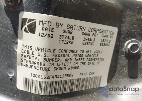 2003 Saturn Ion 3 z USA, uszkodzony, nr VIN 1G8AL52F43Z133509